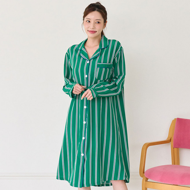 글램공감 버블돌 여성용 파블로 셔츠형 원피스 긴팔 스트라이프 잠옷
