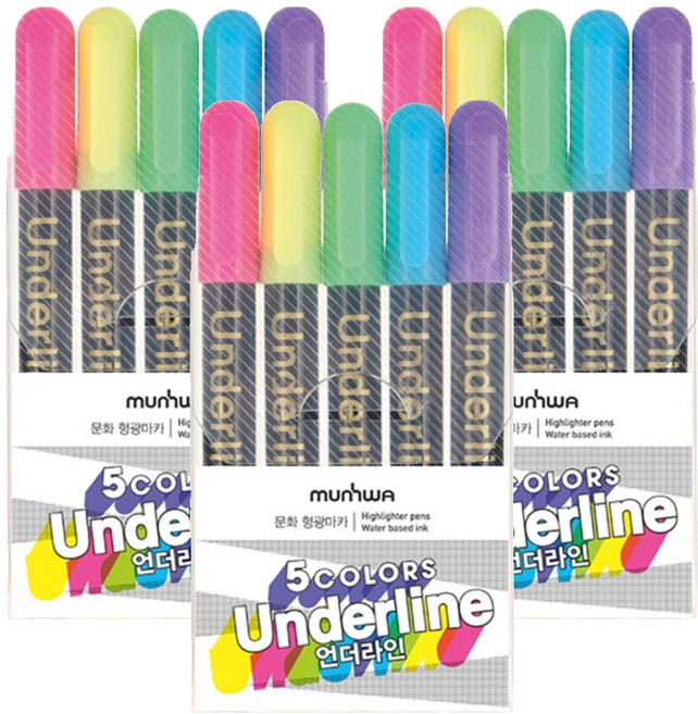 문화연필 언더라인 형광펜 세트, 분홍 + 노랑 + 연두 + 파랑 + 보라, 15개