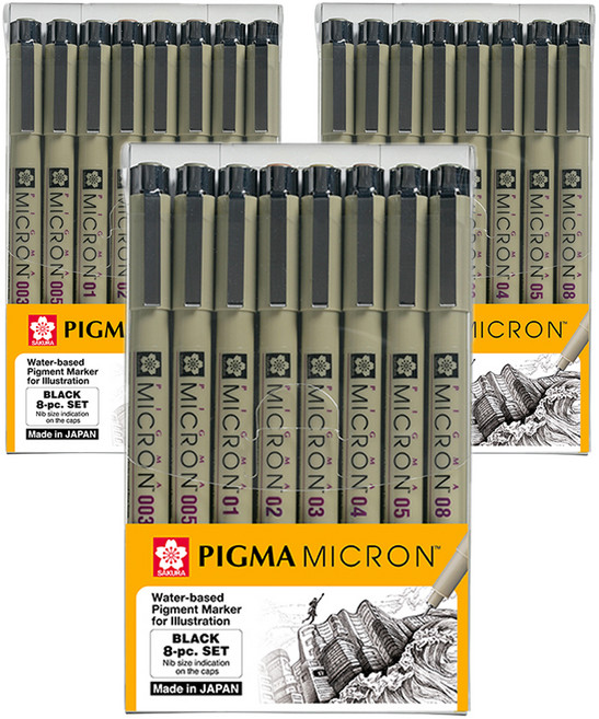 SAKURA Pigma Micron 鋼珠筆 8件組 0.15mm 0.2mm 0.25mm 0.3mm 0.35mm 0.4mm 0.45mm 0.5mm, 黑色, 3套