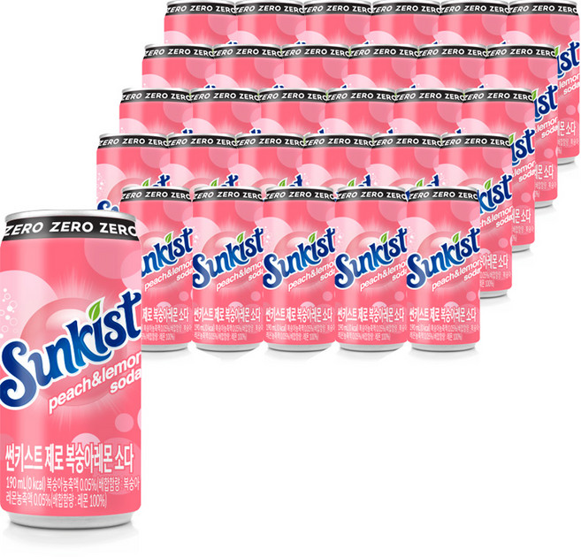 광동제약 썬키스트 제로 복숭아레몬 소다, 190ml, 30개