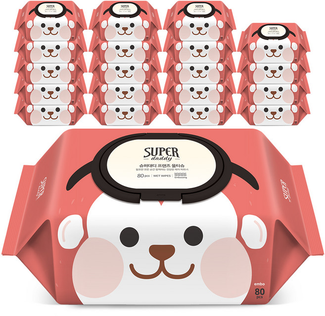 슈퍼대디 프랜즈 몽키 유아물티슈 캡형, 80매, 20세트