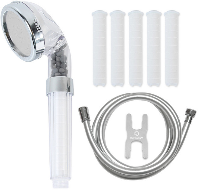 홈다움 3단계 안심필터 샤워기 와이드형 + 필터 5p + 안꼬이는 말랑이 PVC 샤워호스 2m, 1개