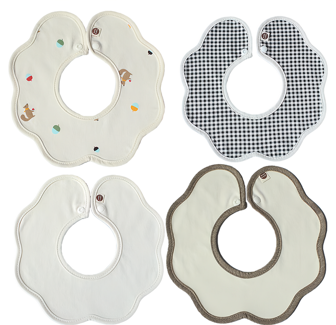 BUNNIE BLOSSOM 滾邊花紋圍兜組, 黑白格紋 + 米白色松鼠 + 米白棕色滾邊 + 米白色, 4件, 1組