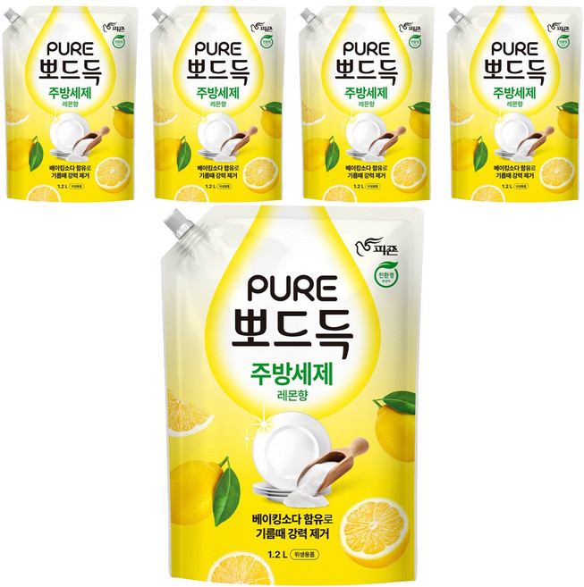 피죤 퓨어 뽀드득 주방세제 레몬향, 1.2L, 5개