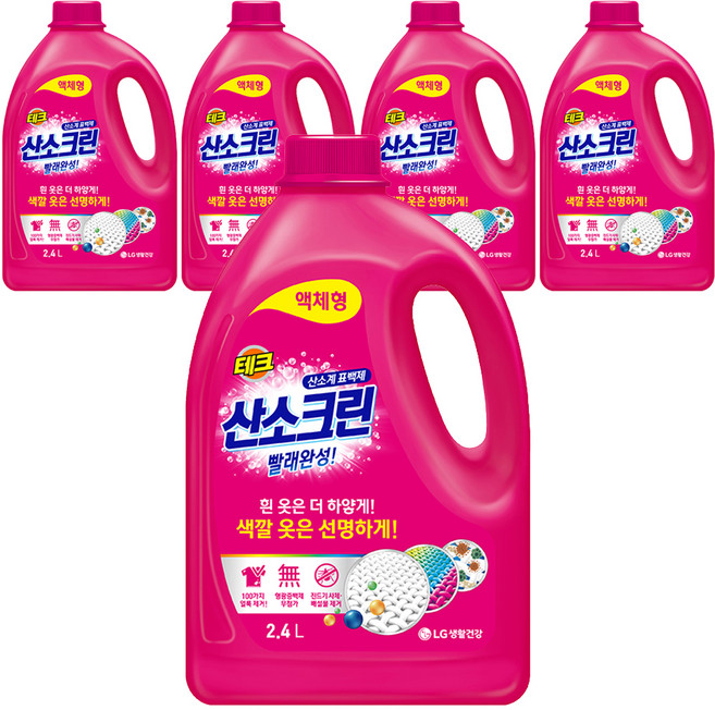 테크 산소크린 액체형 표백제 본품, 2.4L, 5개