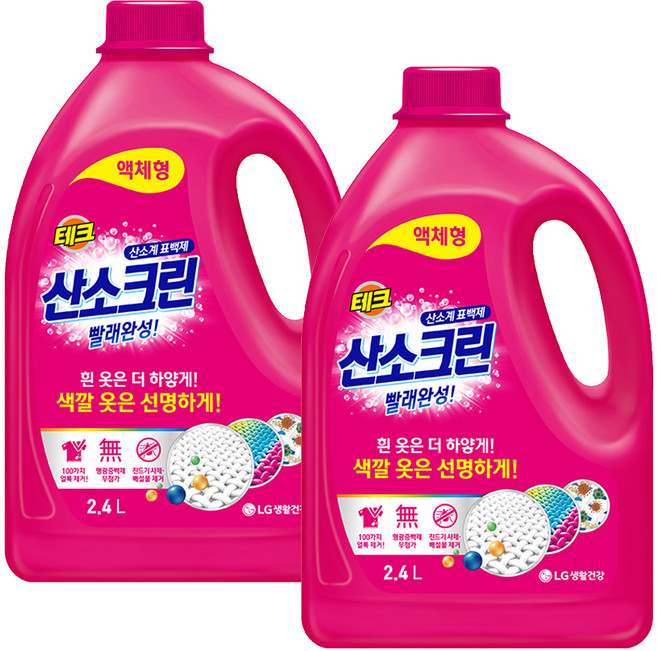 테크 산소크린 액체형 표백제 본품, 2.4L, 2개