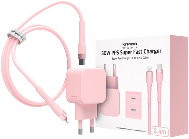 로랜텍 파스텔 고속 충전기 + PD C타입 to 8핀 케이블 2.4m 세트, 1세트, 핑크