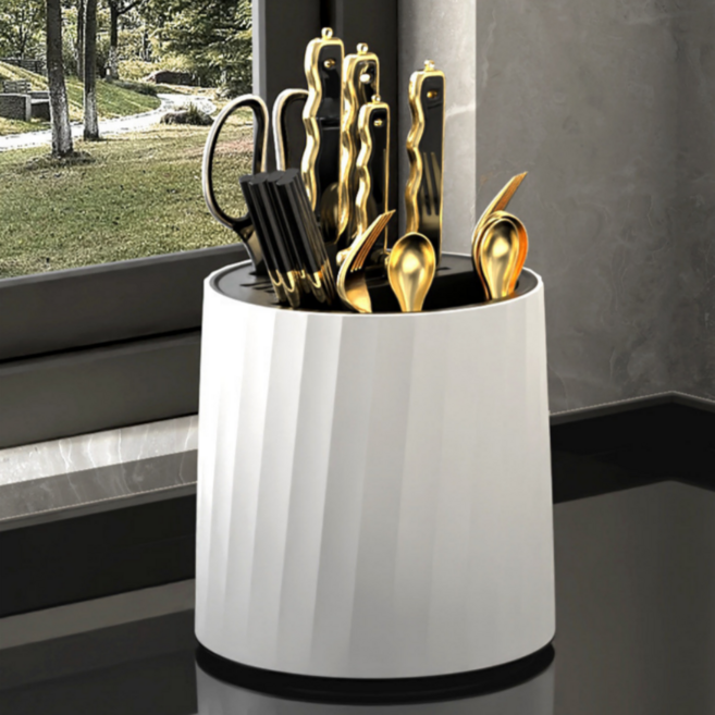 봄아리 회전 주방 수저정리함 및 칼꽂이, 화이트, 1개