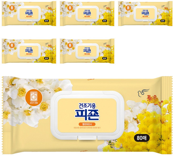 피죤 건조기용 오리지널 드라이시트 섬유유연제 옐로미모사 본품, 80매, 6개
