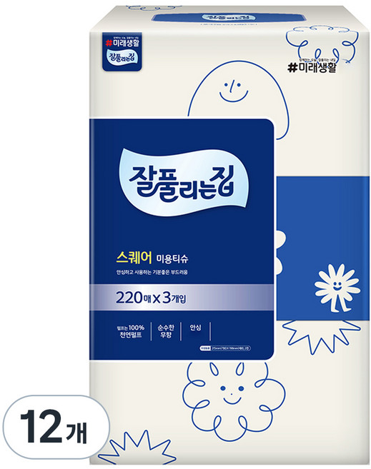 잘풀리는집 스퀘어 미용티슈, 220매, 12개