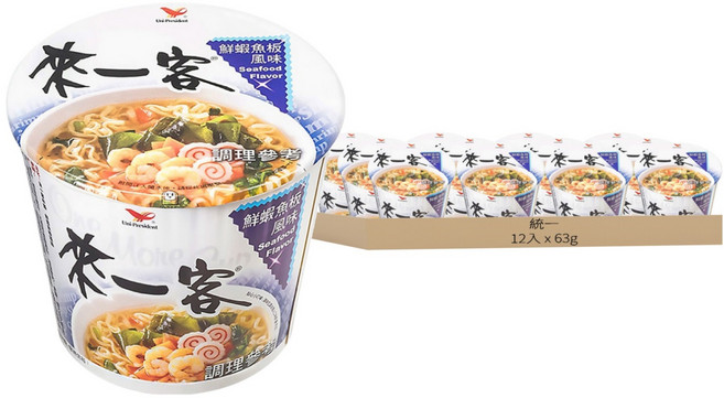統一 來一客 鮮蝦魚板風味杯麵 63g, 12入