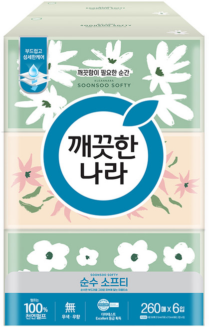 깨끗한나라 순수 소프티 천연펄프 미용티슈 2겹, 260매, 6개