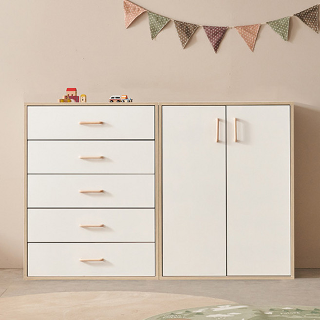 마마룸 아임 800 옷장 + 아임 800 5단 서랍장 세트 (원목발 미포함) 방문설치, 크림화이트