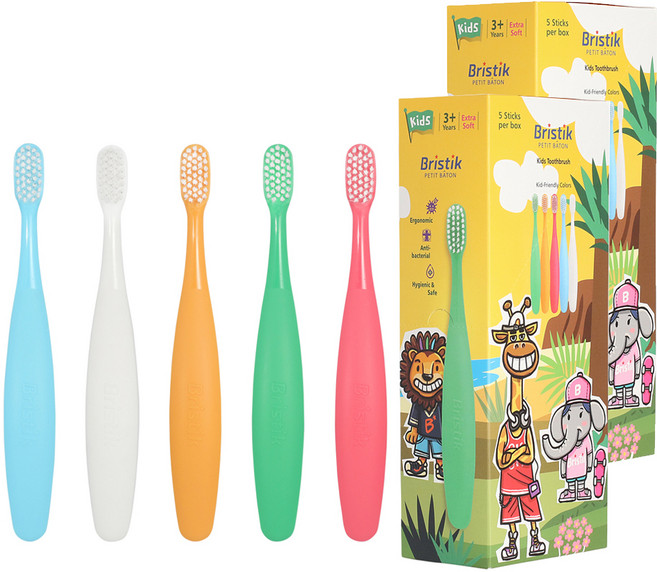 브리스틱 에르고 2단계 어린이 칫솔, SKY BLUE, WHITE, ORANGE, GREEN, PINK, 5개입, 2개