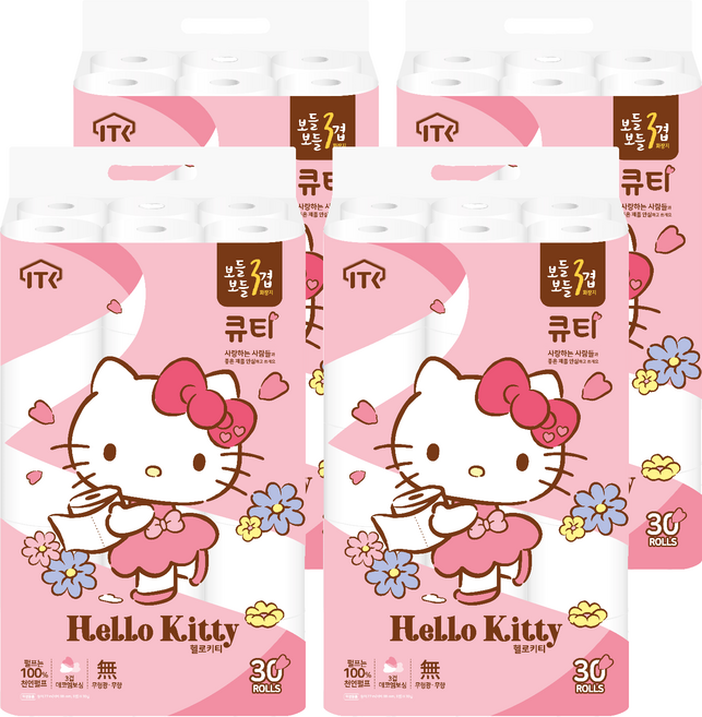 헬로키티 데코 큐티 천연 펄프 3겹 롤 화장지, 27m, 30개입, 4개