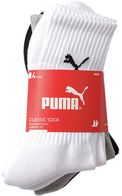 PUMA 毛圈布雙層氣墊機能性運動休閒毛圈長襪4雙組, 黑色 + 灰色 + 白色 + 白色, 4個