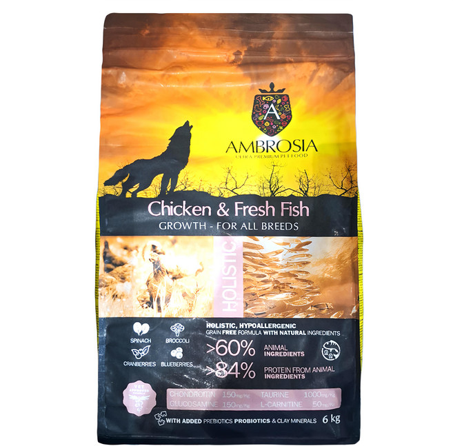 AMBROSIA 安柏希雅 幼母犬用 無穀鮮肉犬糧, 雞肉 + 鮮魚, 6000g, 1袋