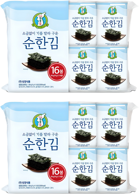 지도표성경 소금없이 기름 발라 구운 순한김, 64g, 2개