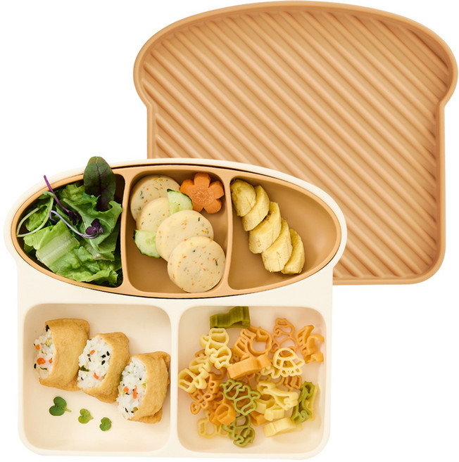 퍼기 식빵 디바이더 흡착 식판 5구 + 뚜껑 패드 세트, 토스트브라운, 1세트