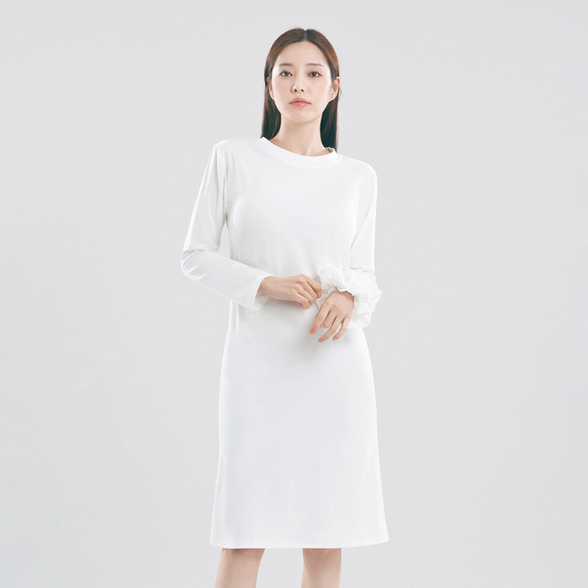 Elsso 女款簡約素色棉質長袖中長版洋裝, 白色