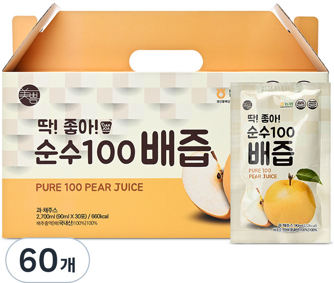 미쁨생활건강 딱좋아 순수100 배즙, 90ml, 60개
