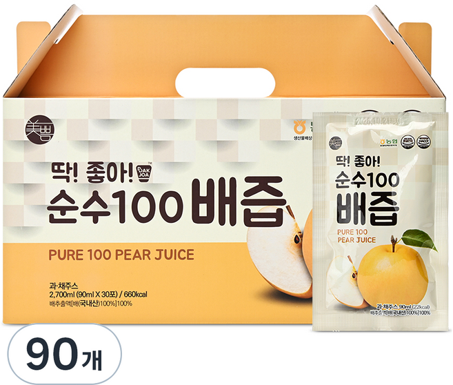 미쁨생활건강 딱좋아 순수100 배즙, 90ml, 90개