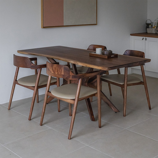 헤즈로 레스토 우드슬랩 원목 1400 I다리 식탁 + 베이지의자 4P 세트 방문설치, 월넛, 일반의자 4