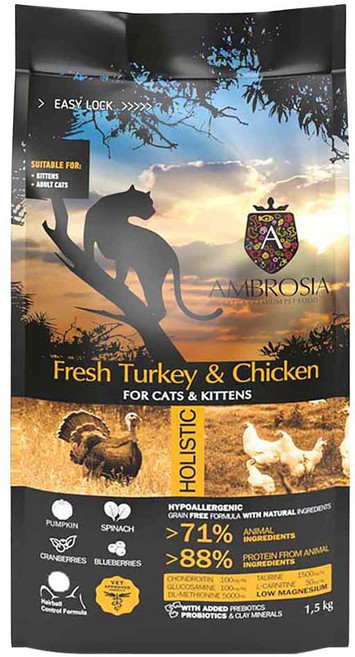 AMBROSIA 安柏希雅 幼貓/成貓適用 無穀鮮肉糧, 1500g, 1袋, 火雞肉 + 雞肉