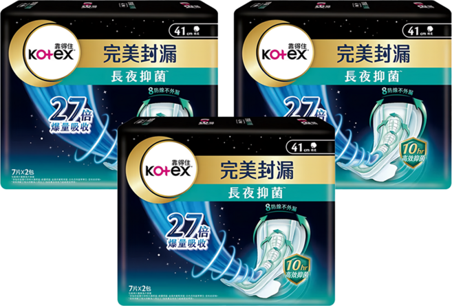 Kotex 靠得住 完美封漏 長夜抑菌 棉柔系列 衛生棉, 夜用型(41cm), 14片, 3包