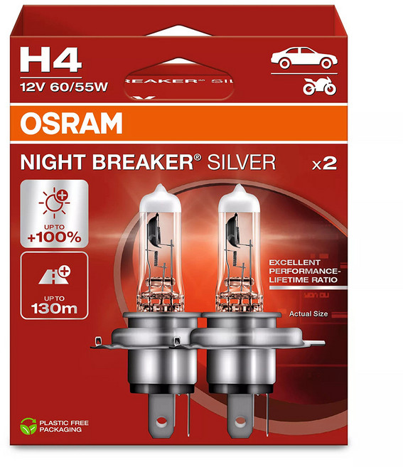 OSRAM 歐司朗 NIGHT BREAKER 銀星鹵素燈泡, 2個, 銀色, H4