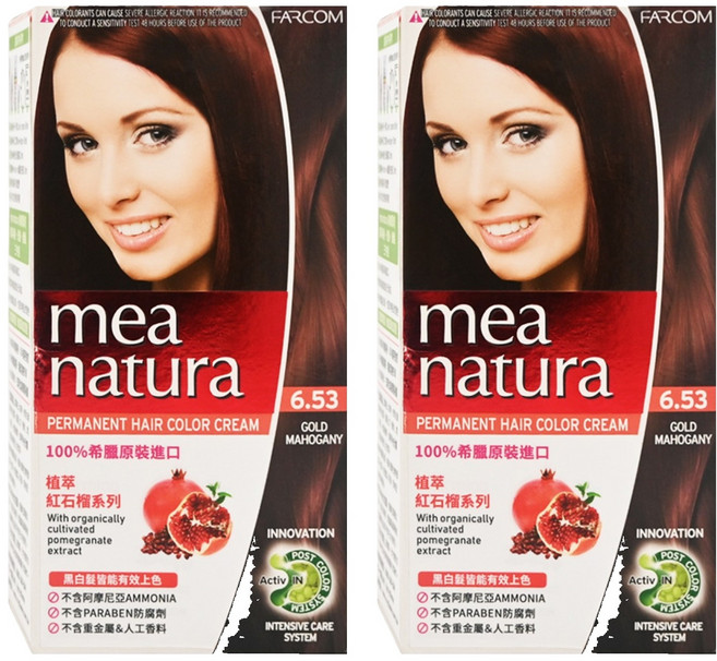 Mea Natura植萃紅石榴染髮劑 不含阿摩尼亞 歐盟有機成分添加 染髮過程無臭味 白髮黑髮均能有效上色 6.53 淺棕紅色, 120ml, 2盒