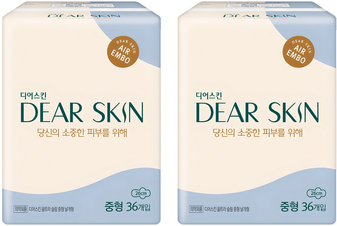 디어스킨 울트라 슬림 날개형생리대, 중형, 36개입, 2개