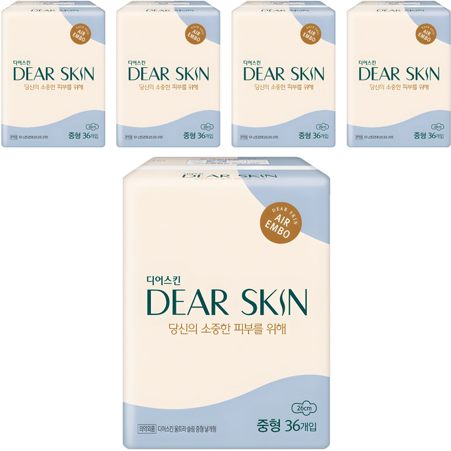 디어스킨 에어엠보 생리대 날개형, 중형, 36개입, 5개