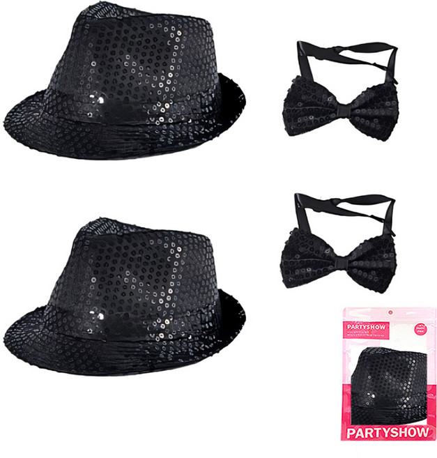 파티쇼 반짝이 신사모자 2p + 나비 넥타이 소 2p, 블랙, 1세트