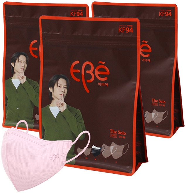 이비에 더세로 마스크 청소년 여성용 KF94 중형 + 향균파우치 세트, 연핑크, 3개, 30개입