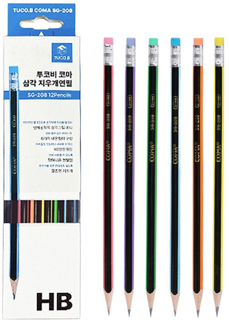 투코비 코마 삼각 지우개 연필 SG-208 HB, 혼합색상, 1세트