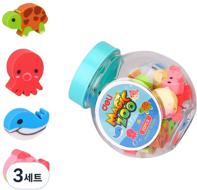 델리 동물모양 캐릭터 미니 지우개 20p 세트, 거북이, 문어, 고래, 복어, 3세트