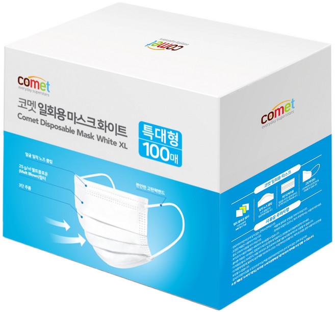 코멧 일회용 마스크 특대형, 100개입, 1개, 화이트