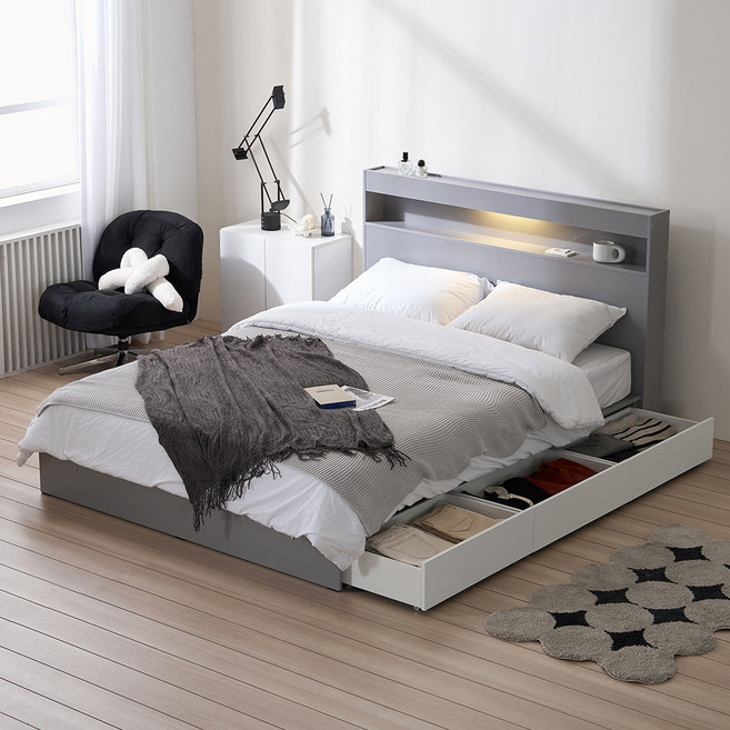 서울소호 트리플 LED 수납 침대프레임 + 파워 본넬 양면 퀸 매트리스 세트 방문설치, 그레이(프레임), 화이트(매트리스)