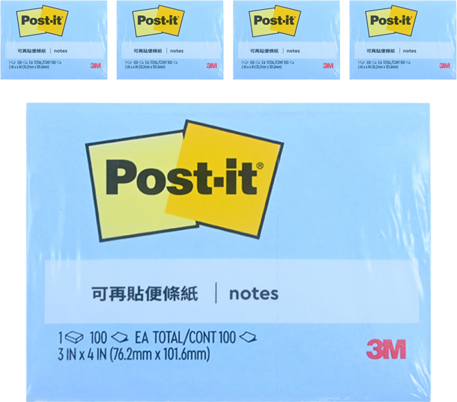 3M Post-it 利貼 可再貼便條紙 76.2*101.6mm, 粉藍, 100張, 5本