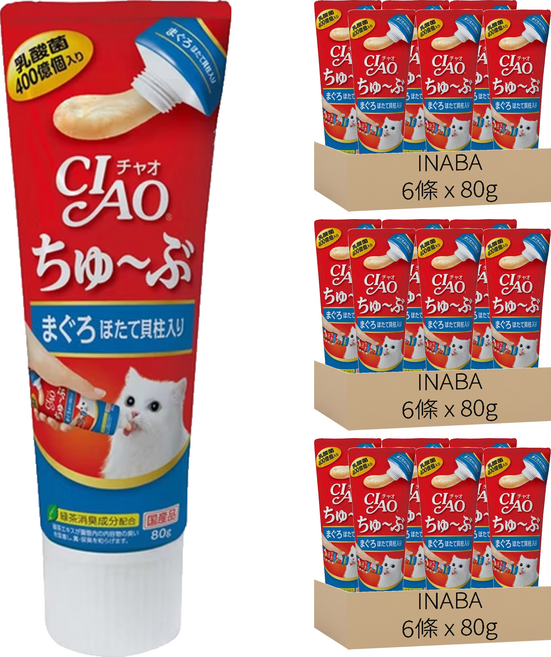 INABA CIAO 啾嚕 乳酸菌肉泥膏, 鮪魚 + 干貝, 80g, 18條