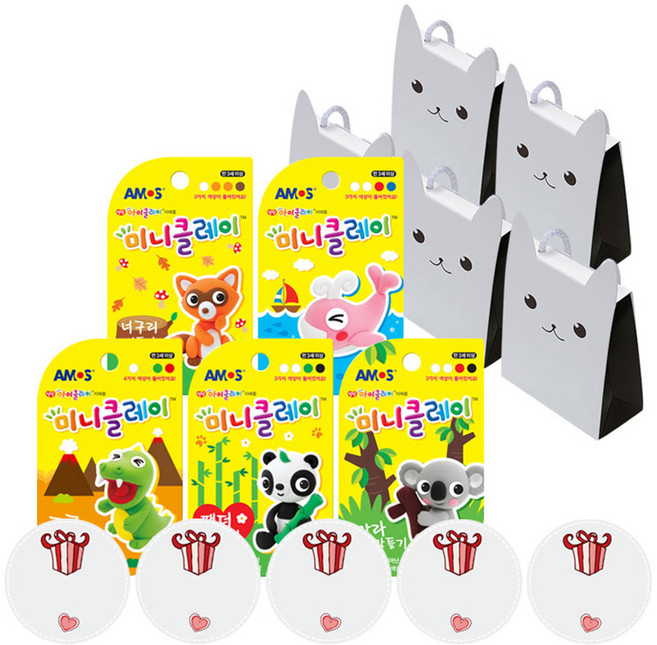 킨더맘 어린이집 생일선물 아모스 미니클레이 5종 + 끈 상자 5p + 스티커 5p 세트, 혼합색상 + 초코, 1세트