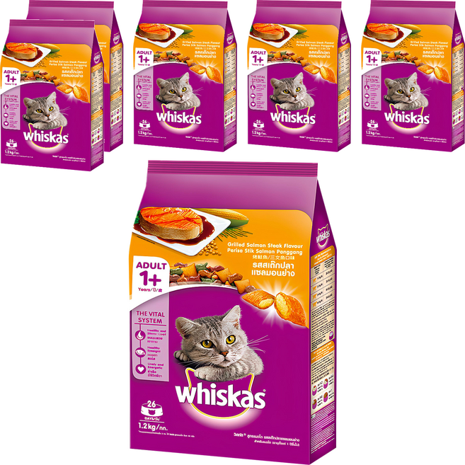 whiskas 偉嘉 貓飼料 1歲以上成貓適用, 烤鮭魚口味, 1.2kg, 6袋