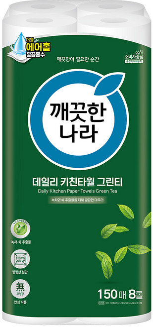 깨끗한나라 데일리 키친타올 그린티, 150매, 8개