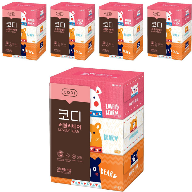 코디 러블리베어 천연펄프 미용티슈 2겹, 230매, 15개