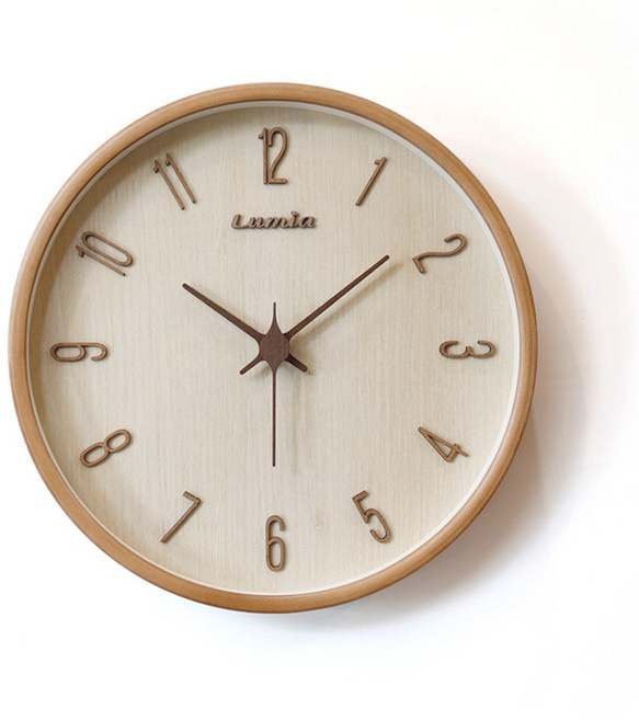 루미아 로이어 입체 원목 무소음 벽시계 L501, 브라운