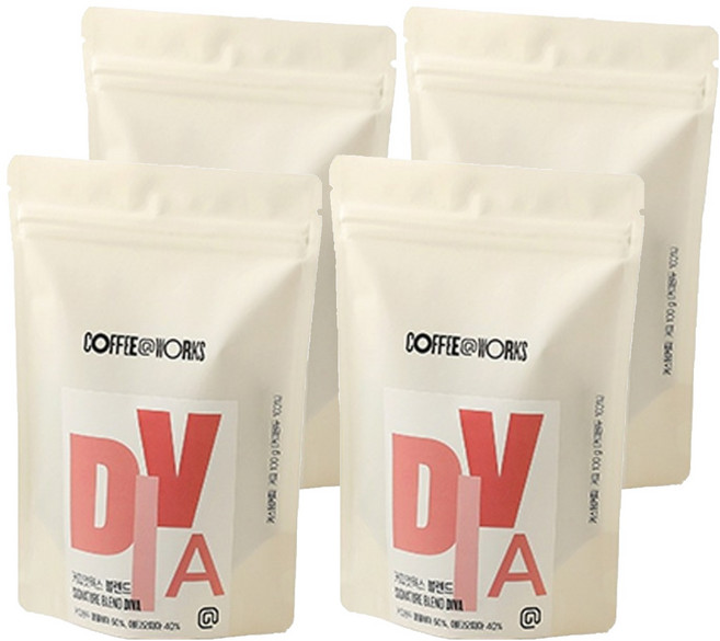 커피앳웍스 디바 커피원두, 100g, 홀빈(분쇄안함), 4개