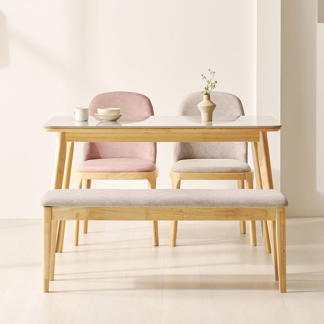 아로미가구 올리비아 세라믹 원목 4인용 식탁 + 의자 2p + 벤치의자 세트 방문설치, 식탁(마블그레이), 의자(라이트그레이, 핑크), 벤치의자(라이트그레이)