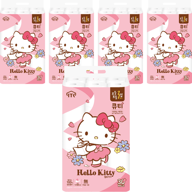 헬로키티 데코 큐티 천연 펄프 3겹 롤 화장지, 27m, 30개입, 5개