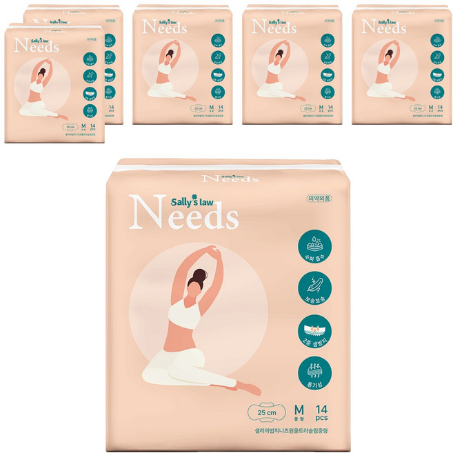 Needs系列蝶翼衛生棉, 中型(25cm), 14片, 6包